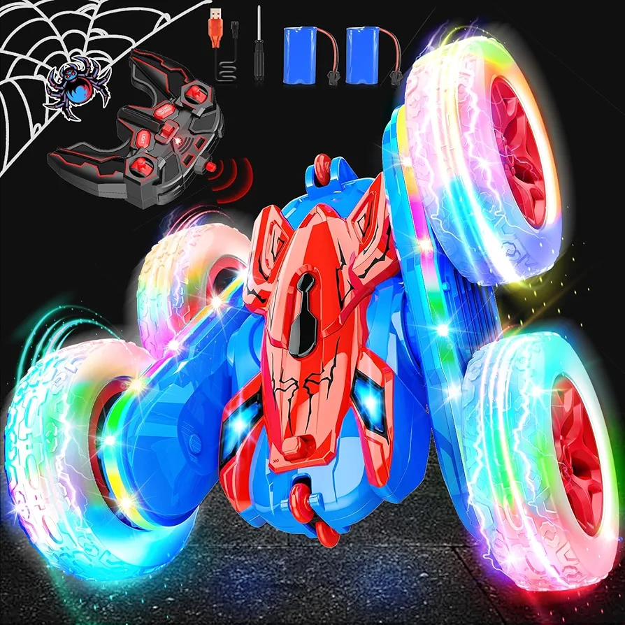 Spider Remote Control Car Toy for Kids 3-12 RC Cars with Strip Lights Toys for 4 5 6 7 8 9 10 Year Old Boys Girls 360°Flip Rechargeable Stunt Car Easter Birthday Gift for Boy Kid Age 4-7