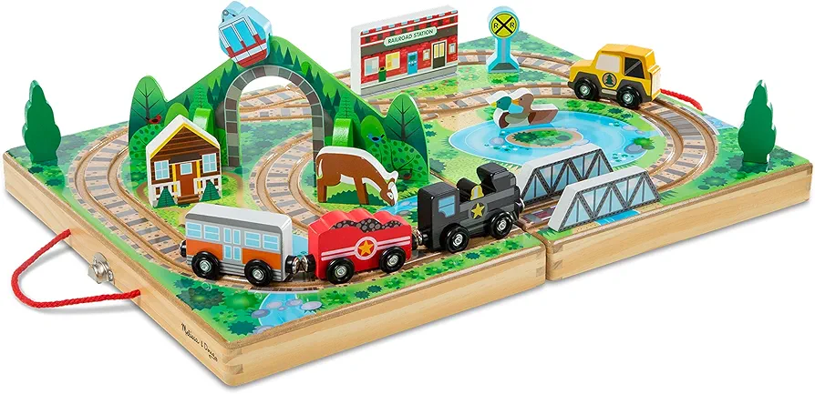 Melissa & Doug 17-Piece Wooden Take-Along Tabletop Railroad, 3 Trains, Truck, Play Pieces, Bridge - FSC Certified