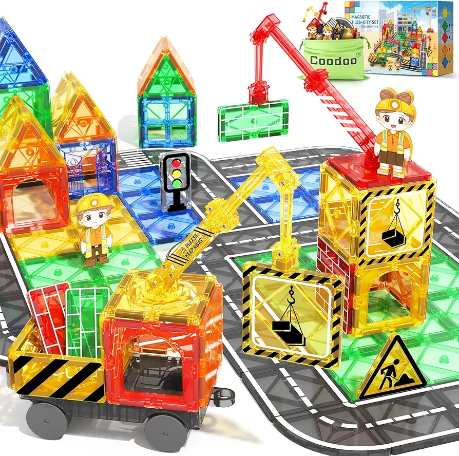 Kids Games Magnetic Tiles with 2 Cranes Construction Toys Set Sensory Toys for Boys Girls Ages 3-6 5-7 8-13, Gifts for 3+ Year Old Boys Girls Toddler Outdoor Kids Toys with Car