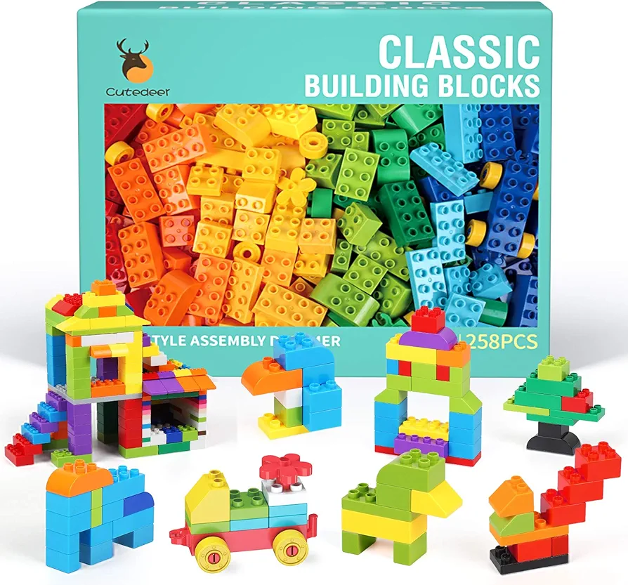 Cutedeer 258 Piece Classic Big Building Blocks Set for Kids Toddlers Compatible with All Major Brands, Large Building Bricks STEM Toys with Gift Box for All Ages Boys Girls