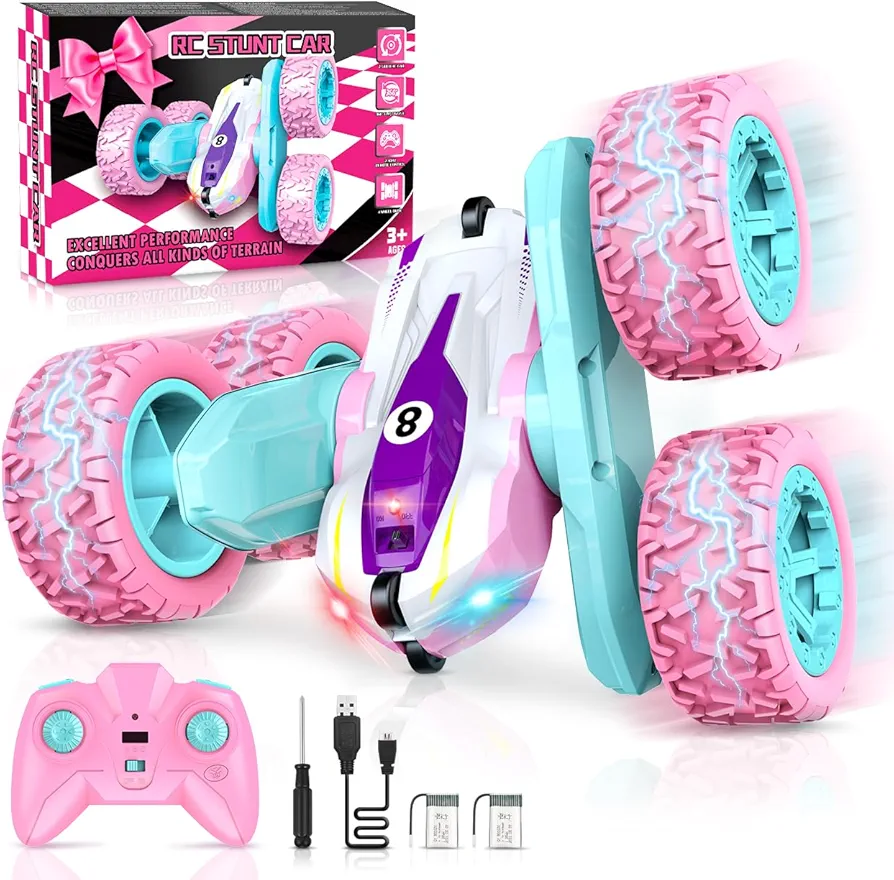 LET'S GO! RC Cars Toys for Girls Remote Control Stunt Car Outdoor Toy for 4 5 6 7 8 9 Year Old Girl Boys Kids Birthday Gifts Double Sided Race Car Gift for Girls Kid Age 8-12