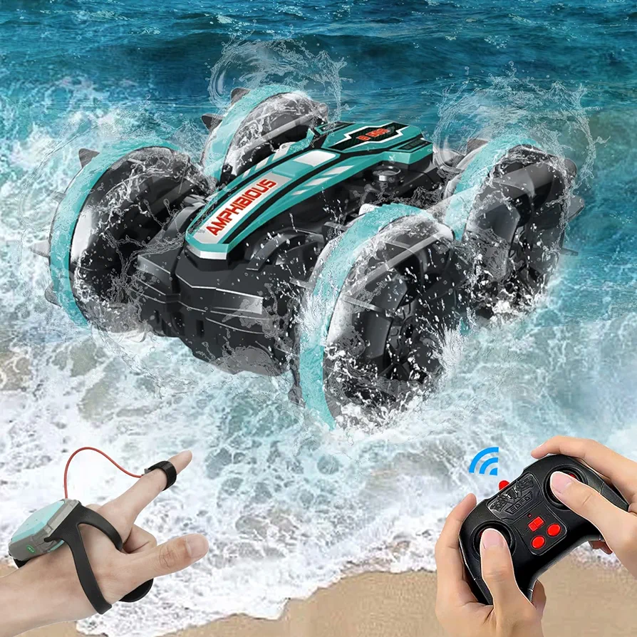 Amphibious Remote Control Car, 2.4GHz Gesture Sensor 4WD Remote Control Boat,360° Rotating Waterproof RC Stunt Car for Age 4 5 6 7 8 9-12 Kids Girls Boys Gift,All Terrain Beach Pool Water Toy