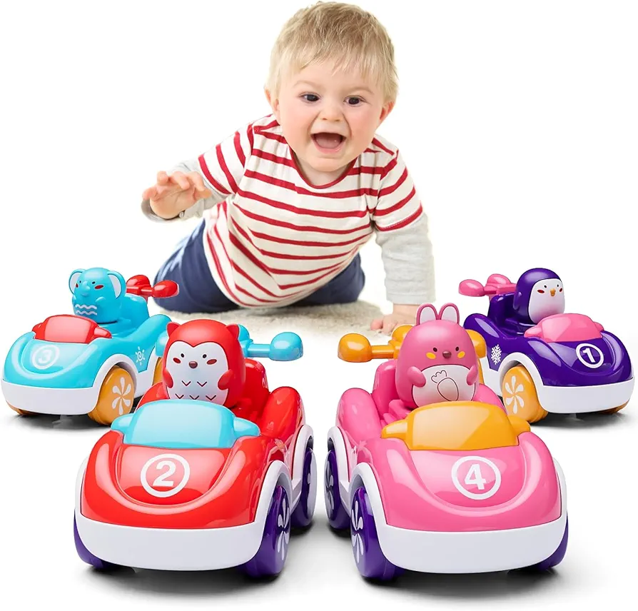 Cartoon Animal Friction Return Car, Inertia Power Car, Push Toy, 1-2-3 Year Old Kids, Puzzle Toy, 4 Adventure Toy Car, Toys for Boys and Girls