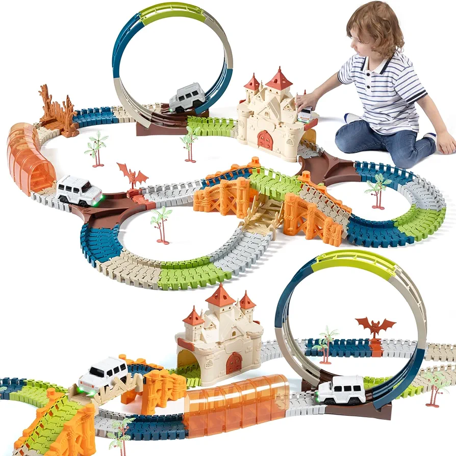 TUMAMA Race Track 202 Pcs Magic Castle Race Car Toys for Boys Girls 3 4 5 6 7 Year, 360° Rotating Flexible Train Track with Cars, Adventure Racetrack Educational Toy Set Kids Gift