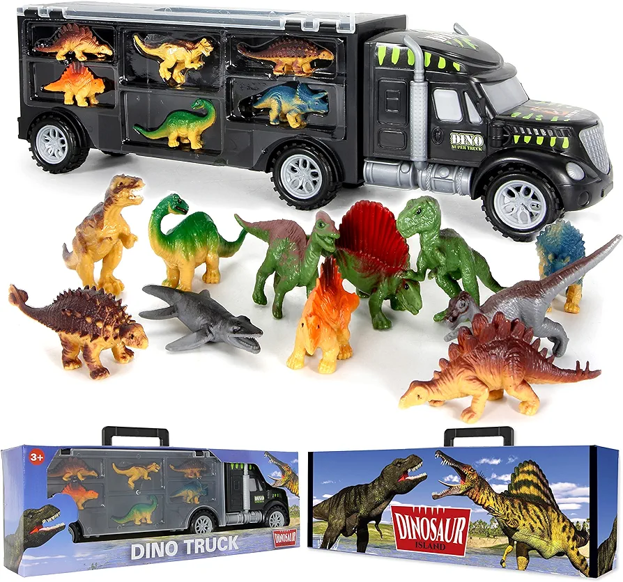 Dinosaur Truck Carrier - Dinosaur Toy for Boys, 12 Dinosaur Toys Playset - Toy Dinosaurs for Boys Age 3 & Up with More Dinosaur Figures, Dinosaur Trucks for Boys Toys Age 4-5, 6, 7 Years Old