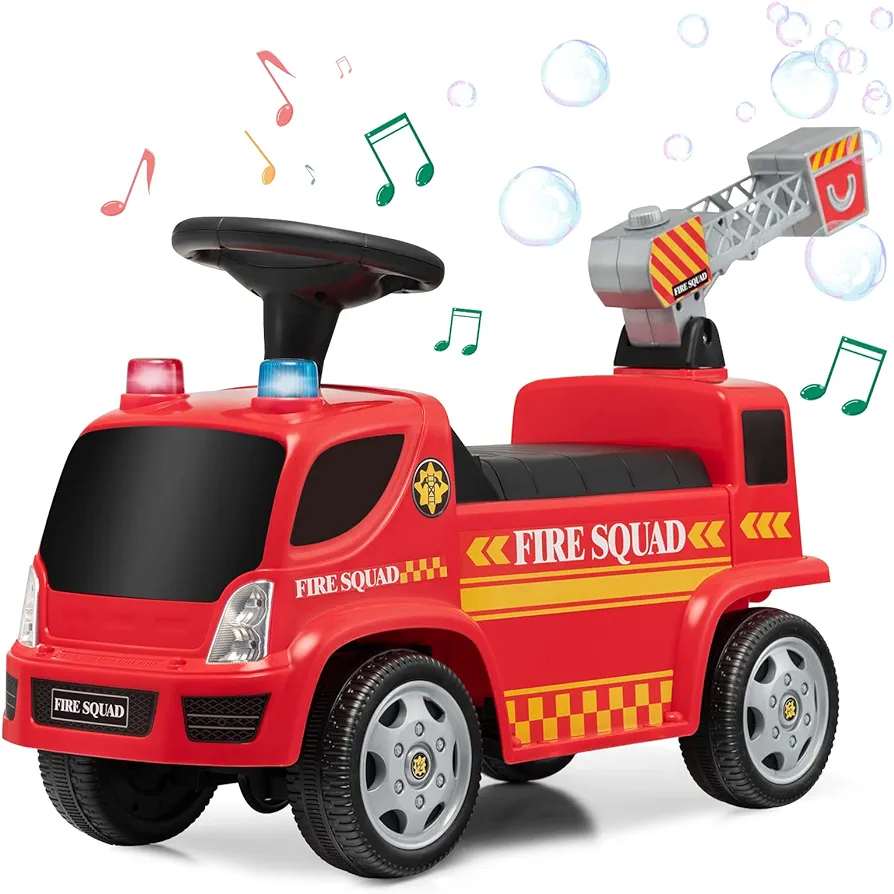 HONEY JOY Ride On Push Car with Bubble Maker, Fire Engine Push Cars for Toddlers w/Horn, Music, Lights, Under Seat Storage, Foot-to-Floor Ride On Fire Truck Toy for Kids Boys Girls 1-3, Red