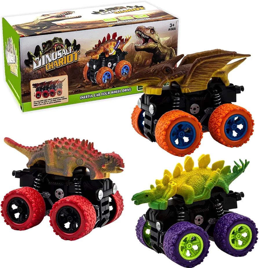 Monster Trucks for Kids Ages 3 and Up, 4-Wheel Drive Friction Powered 3-Pack Push and Go Toy Monster Jam Cars, Dinosaur Truck Toy Birthday Gifts for Boys Girls (Colored Dinosaur 1)