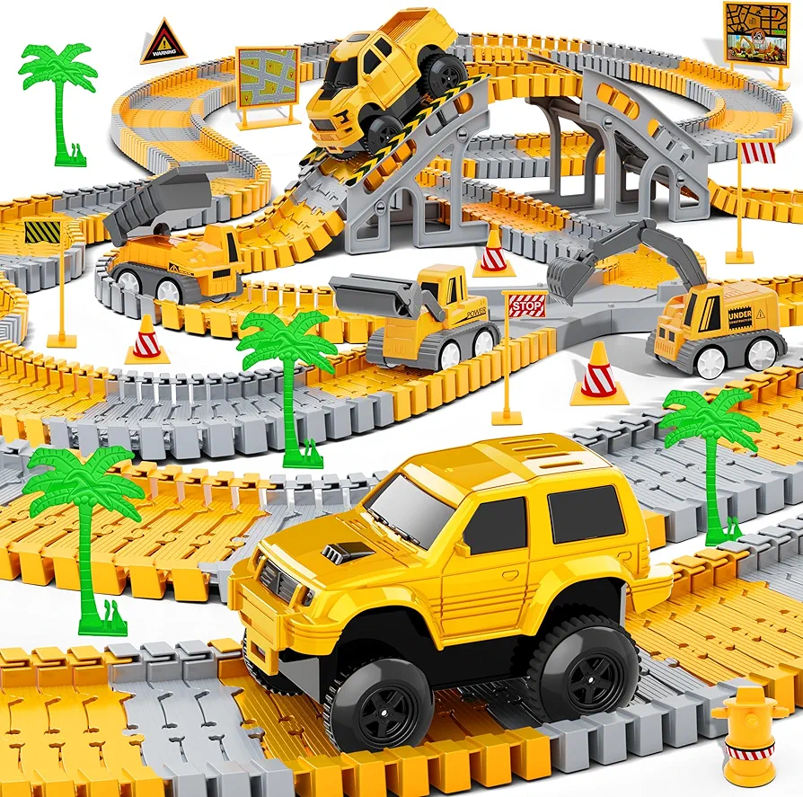 Kids Toys 253 PCS Construction Race Tracks Toy for 3 4 5 6 7 8 Year Old Boys Girls, 5 PCS Construction Truck Car and Flexible Track Play Set Create A Engineering Road Games Toddler Toys Birthday Gifts