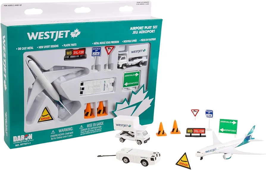 Daron WestJet Airlines Airport Playset with Die-Cast Metal Model Airplane with Plastic Parts, Cars and Transportation Toys for Kids Ages 3+