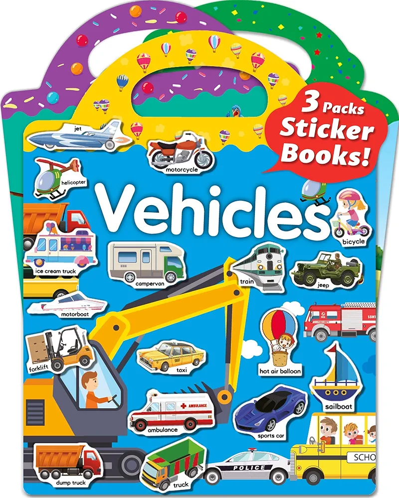 Reusable Sticker Book for Toddlers 2-4 Years, 3 Sets Stickers for Kids, Toddler Sticker Book Ages 1-3, 111 Pcs Toddler Craft Activities, Toddler Travel Toys Ages 2+ Boy Girl Birthday Gifts