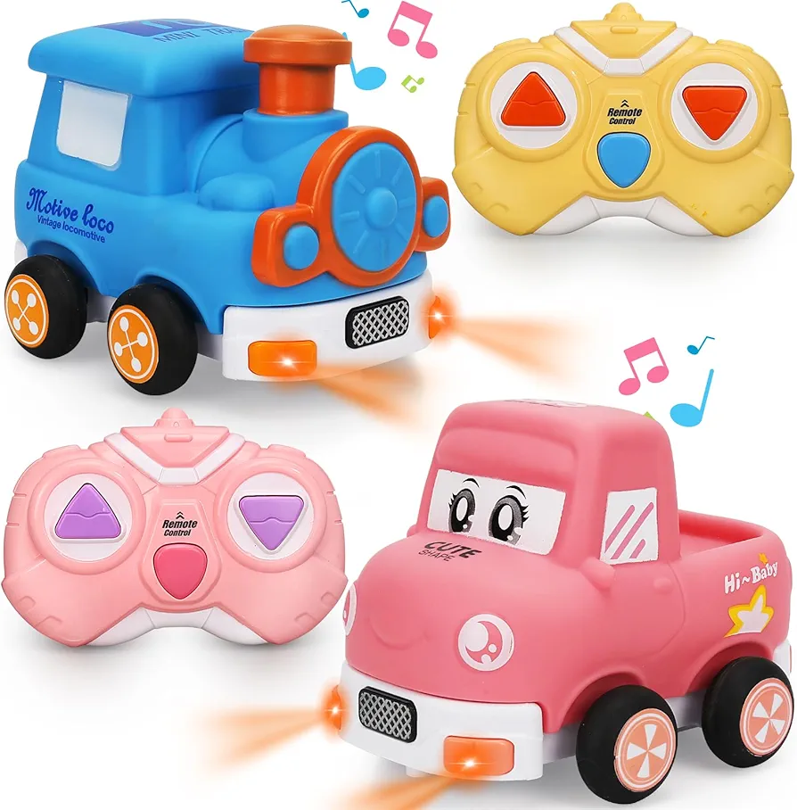 Remote Control Car for Kids, 2 Pack Cartoon Rc Car with Music & Lights, Toddlers Trucks Toys for 2-3 Year Old Boys, Birthday Christmas Train Toys Gifts for Kids Baby Girls Boys Age 2 3 4 5 6 7