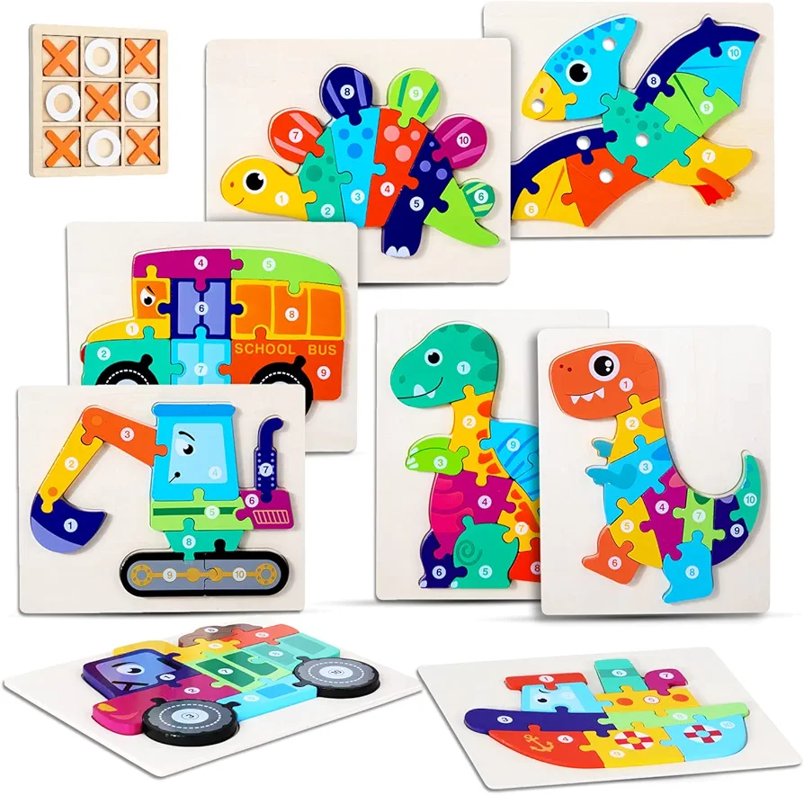 Dinosaur Toys for Kids Ages 3-5 | Bonus Tic Tac Toe | Montessori Toys | Puzzles for Toddlers 1-3 | Toddler Puzzles | Wooden Puzzles for Toddlers 1-3 | 4-Pack Wooden Toys -（Dinosaur Series 4 pcs）