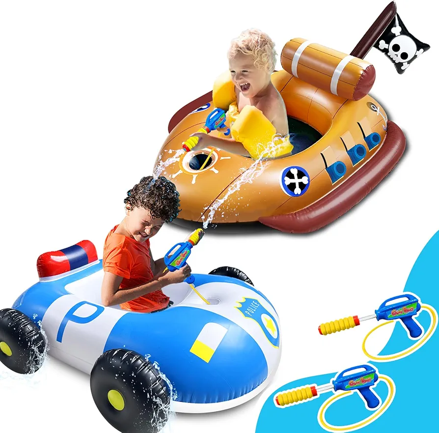 2 Pack Pool Floats Kids with Water Guns, Inflatable Pirate Ship & Police Car Pool Floaties Toys for 3-11 Years Kids Toddler Boys Girls Summer Outdoor Swimming Pool Party Games