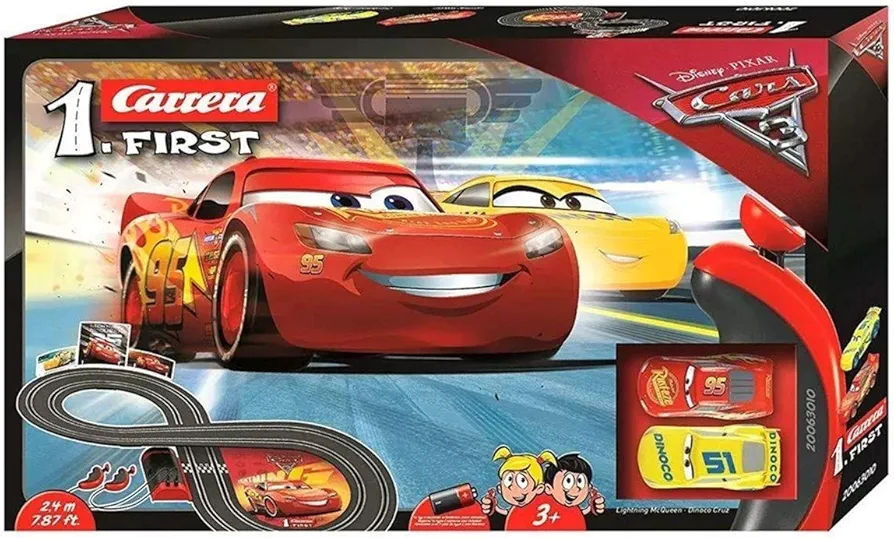 Carrera First Disney/Pixar Cars 3 - Slot Car Race Track - Includes 2 cars: Lightning McQueen and Dinoco Cruz - Battery-Powered Beginner Racing Set for Kids Ages 3 Years and Up