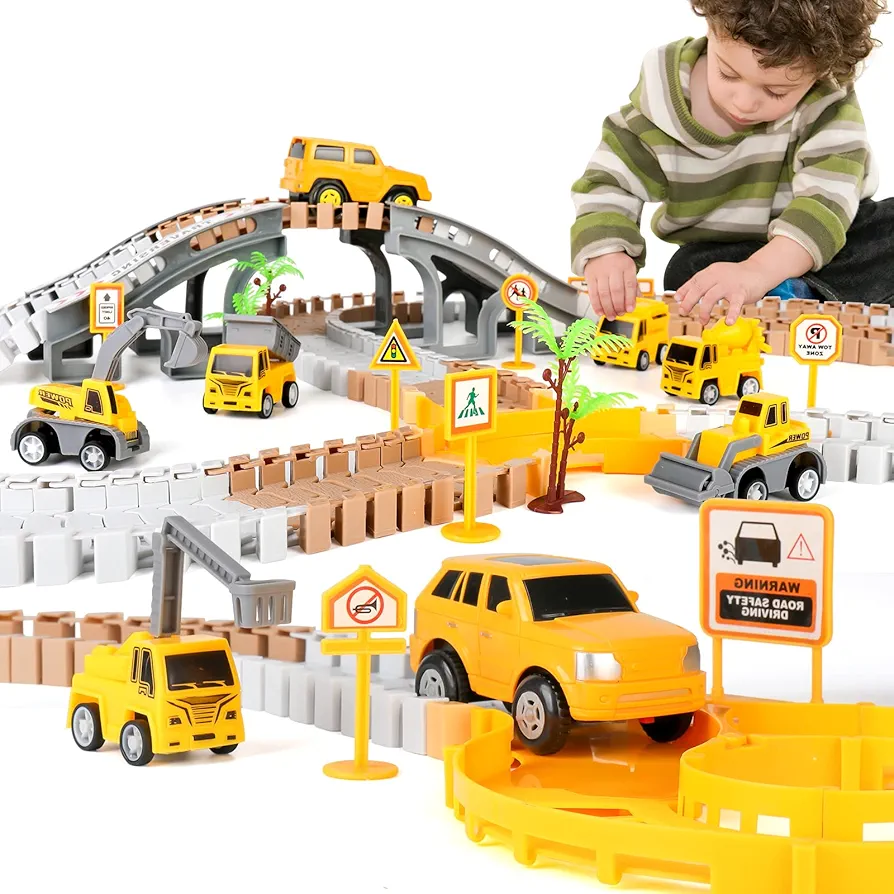 Construction Race Tracks Car for Kids 3-6 Years Old and up, Flexible Rail Magic Engineering Track Toy Playset with Electric Slot Race Cars, STEM DIY Tracks Toy Gifts for 3 4 5 6 7 8 Year Old Boys