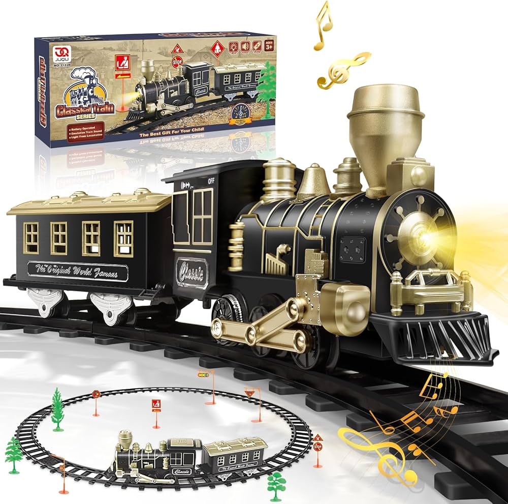 JUQU Train Set - Electric Train Toys w/Lights & Sounds (ON/Off), Toddler Train Sets for Boys, Toy Train w/Locomotive Engine, Cars& Tracks, Christmas Train Gift for 3 4 5 6 7 8+ Year Old Boys Girls