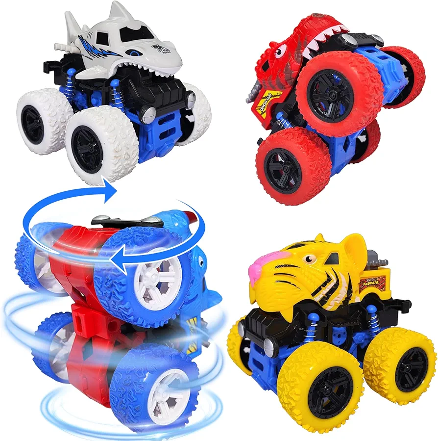 4 Pack Monster Truck Toys-Dinosaur Tiger Rhinoceros Shark Toys Cars for 3 4 5 6 Year Old Boys and Girls,Birthday Gift for 3+ Year Old Kids