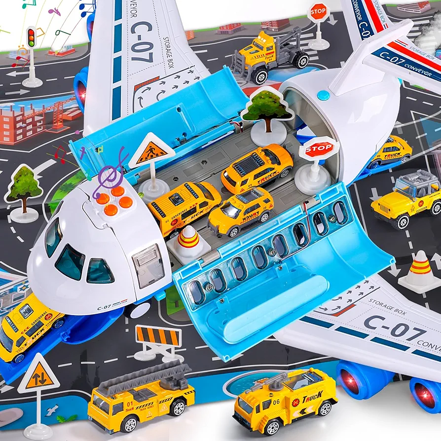 Bennol Spray Airplane Toys for Boys, Large Transport Cargo Airplane with 6 Construction Vehicle 10 Road Signs 1 Play Mat with Lights Sounds, Christmas Birthday Gifts for 3 4 5 6 7 8 Year Olds Boys