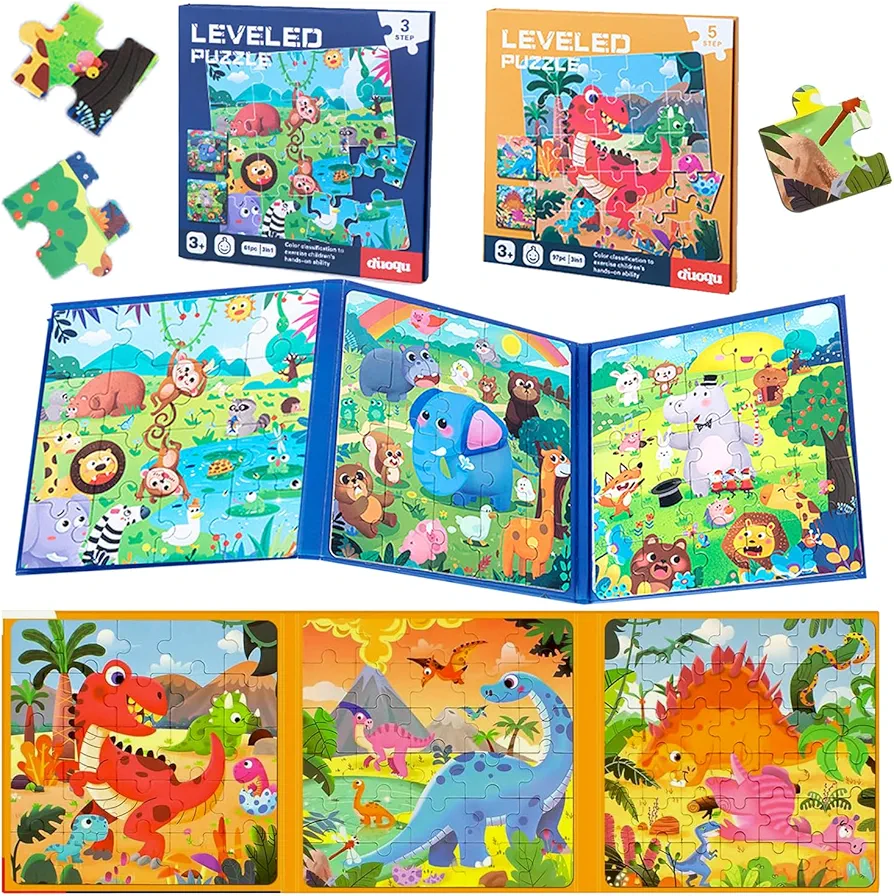 Magnetic Puzzles for Kids,Two-Book Set,Ages 3-10 Dinosaur and Animal Magnet Jigsaw Puzzle Book Travel Games Activities Toys for Boys and Girls