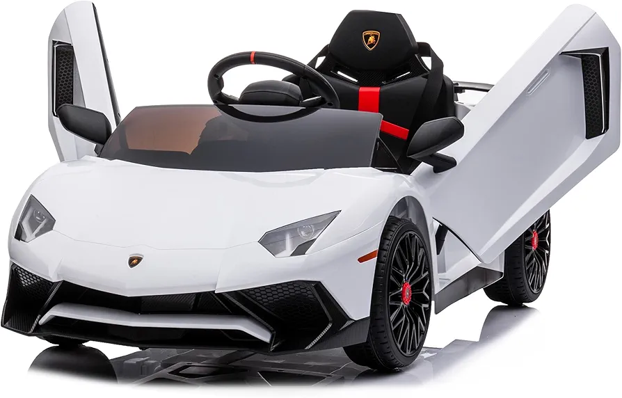 Kidzone Kids Electric Ride On 12V Licensed Lamborghini Aventador Battery Powered Sports Car Toy with 2 Speeds, Parent Control, Sound System, LED Headlights & Hydraulic Doors - White