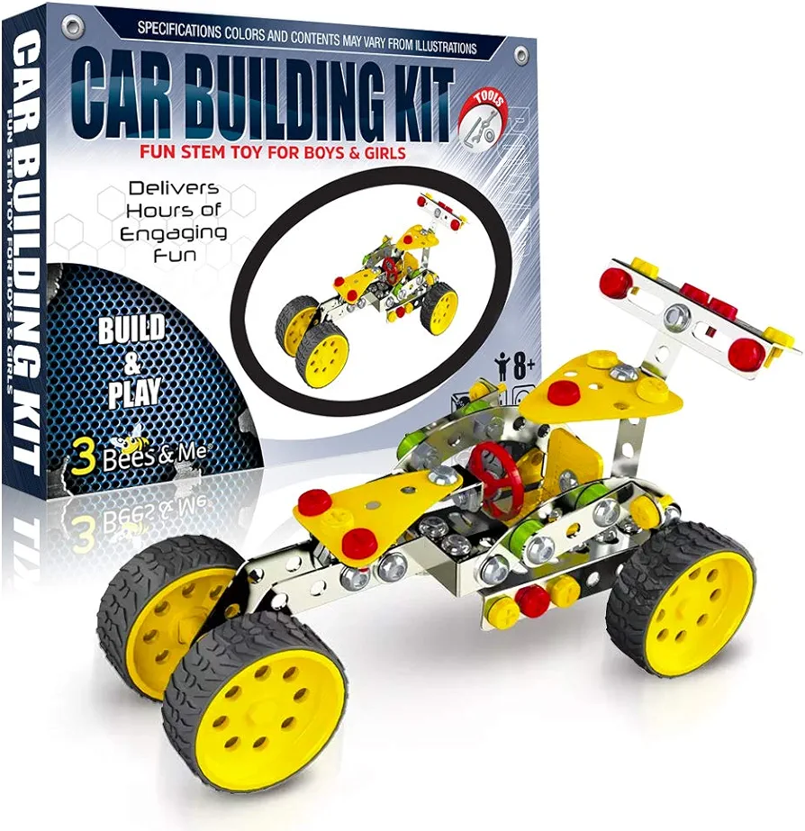 3 Bees & Me STEM Car Building Erector Toy Kit | Educational Metal Project for Boys and Girls Aged 8-11 Years Old (Ages 6-7 with Help) Beginner Gift Set for STEM Learning and Junior Engineers