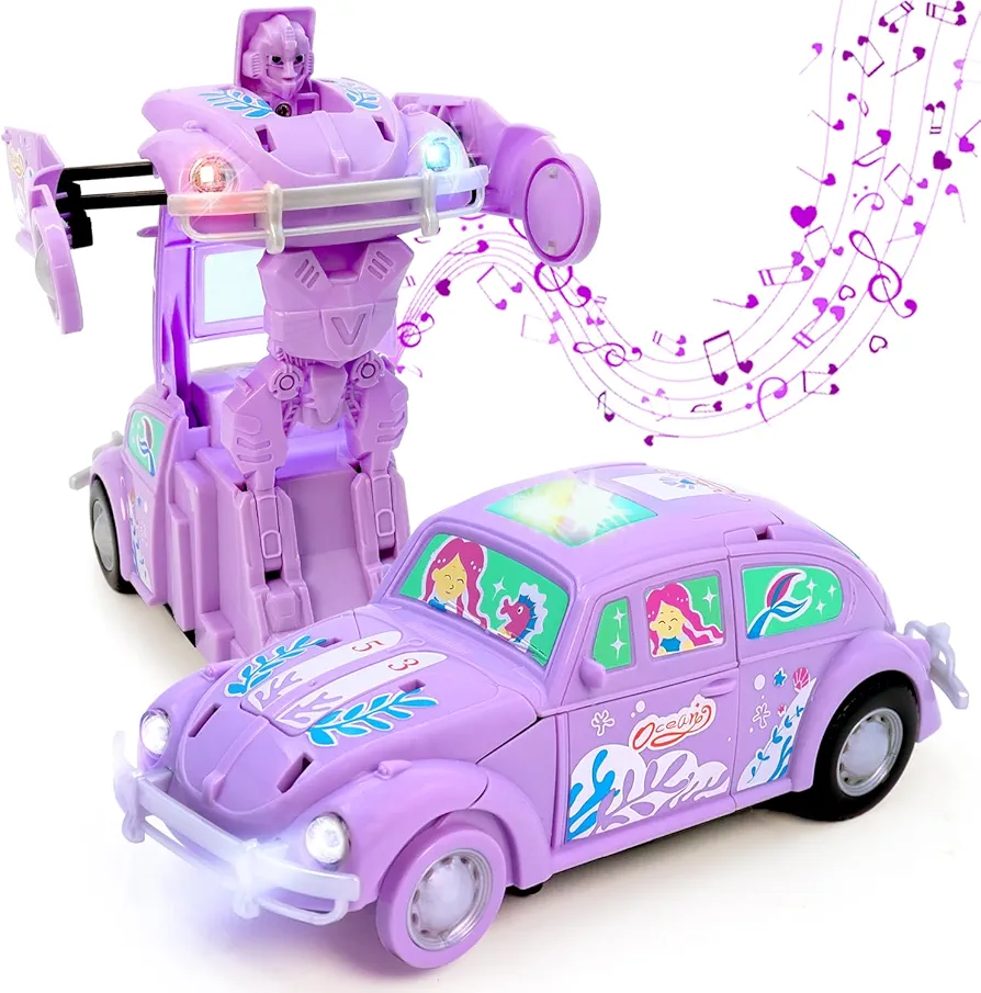 Transforming Car Toys for Girls 3 4 5-7 8 Year Old, Smart Robot Cars for Kids with LED Light and Music Transform, Race Car Toys for Toddles Christmas Birthday Gifts (Purple)