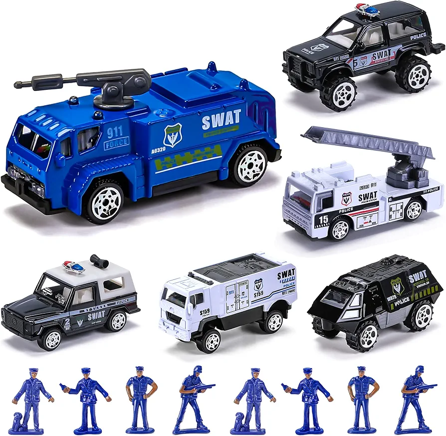 14 Pack Die-cast Police Rescue Truck Vehicles Sets,6 Pack Mini Police Vehicles Model,8 Policemen Mini Alloy Metal Pull Back Car ToysBoys Girls Toddlers Birthday Christmas Party Favors