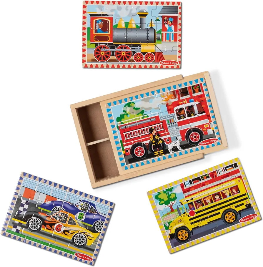 Melissa & Doug Vehicles 4-in-1 Wooden Jigsaw Puzzles in a Storage Box (48 pcs) - FSC Certified