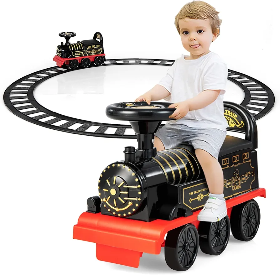 OLAKIDS Kids Ride On Train with Track, 6V Electric Toy with Lights and Sounds, Retractable Footrest, Under Seat Storage, Christmas Theme Battery Powered Gift for Toddlers Boys Girls (Retro Style)