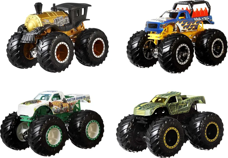 Hot Wheels Monster Trucks 4-Pack, 1:64 Scale Set of 4 Toy Vehicles with Giant Wheels for Kids & Collectors (Styles May Vary)