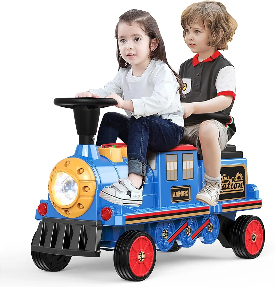 ANPABO 2-Seater Ride On Train Trackless, 12V Ride On Toy with Height-Adjustable Seat, Extra Storage, Headlight, Train Whistle & Music, Electric Car for Kids 3+ (Carriage Not Included), Blue