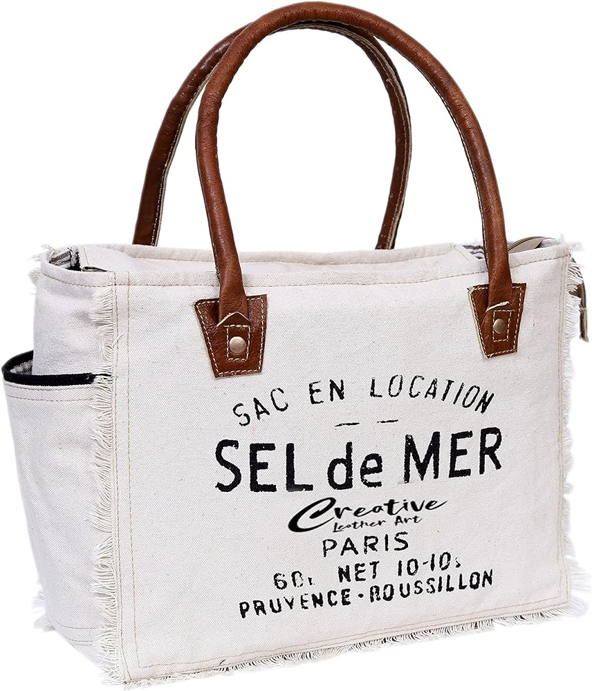 CLA Bags Sel De Mer Upcycled Canvas Hand Bag Upcycled Canvas & Cowhide Tote Bag, Upcycled Canvas & Cowhide Leather Bag