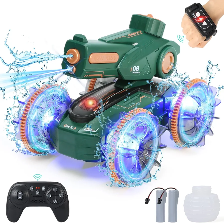 Toys for Kids 6-12 Remote Control Car Water Squirt Tank Gifts for Boys Girls 5-7 8 9 10 11 Year Old Amphibious RC Gesture Stunt Boat with Lights & Self-Dispensing Cool Outdoor Summer Beach Pool Toy