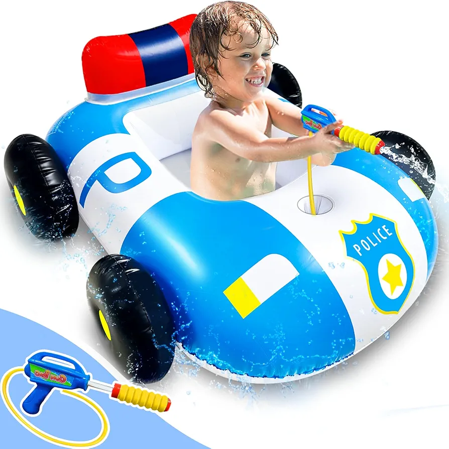 AMENON Pool Float with Water Squirt Guns for Kids 3-11 Years, Inflatable Polices Car Pool Battle Toys Ride-ons for Toddler Boys Girls Summer Outdoor Swimming Pool Party Gift Toys Games