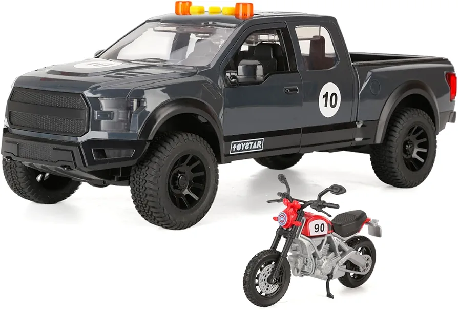 SASBSC Toy Pickup Trucks for 3 4 5 Year Old Boys 1:18 Friction Power Truck Toy with Motorcycle Plastic Big Trucks with Lights and Sounds Gift Toy Cars for Kids Ages 3-5 …