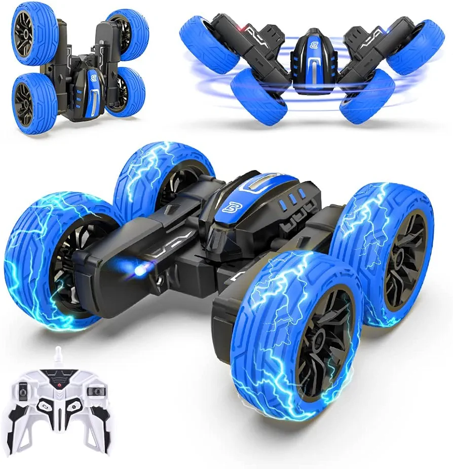 BEZGAR Remote Control Car - Double Sided Mini RC Stunt Car, 360 Flips Rotating RC Cars with LED Lights, 2.4Ghz Indoor/Outdoor All Terrain Rechargeable Electric Toy Cars