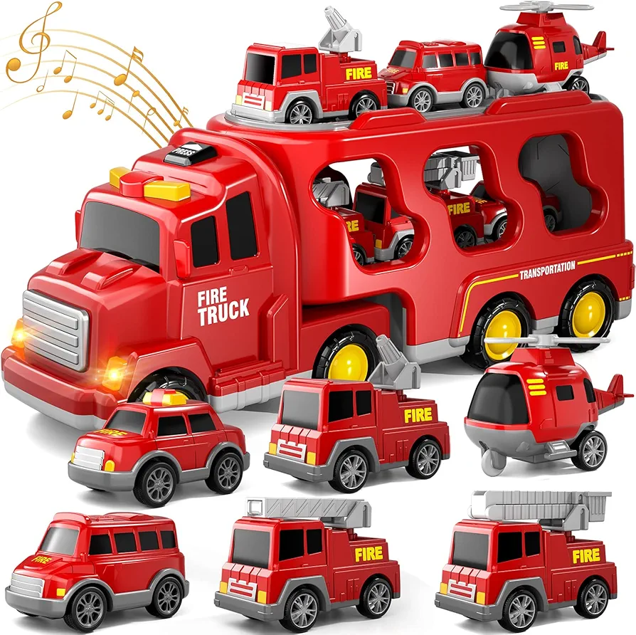 EPPO Fire Truck Toy for Toddlers 3-5 Years Old, Friction Power 7 in 1 Emergency Vehicle Set with Lights and Sounds, Christmas & Birthday Gift for Boys & Girls