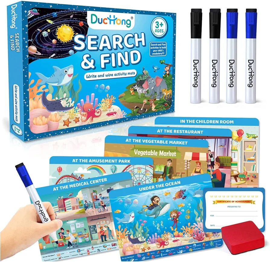 Search and Find Card for Kids Ages 4-6,3-8, Reusable Activity Mats with 4 Dry Erase Markers, Preschool Learning Activity, Educational Toys Gifts for 3+ Year Old