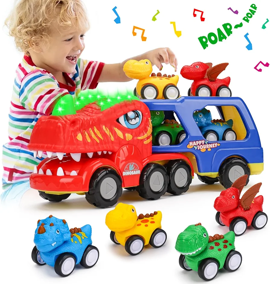 Toddler Car Toys for 1 2 3 4 Year Old Boy Birthday Gifts 5-in-1 Dinosaur Transport Trucks for Toddlers 1-3 with Dino Sounds & Lights Dinosaur Toys for Kids Boys Girls 2-4 3-5 Christmas Birthday Gifts