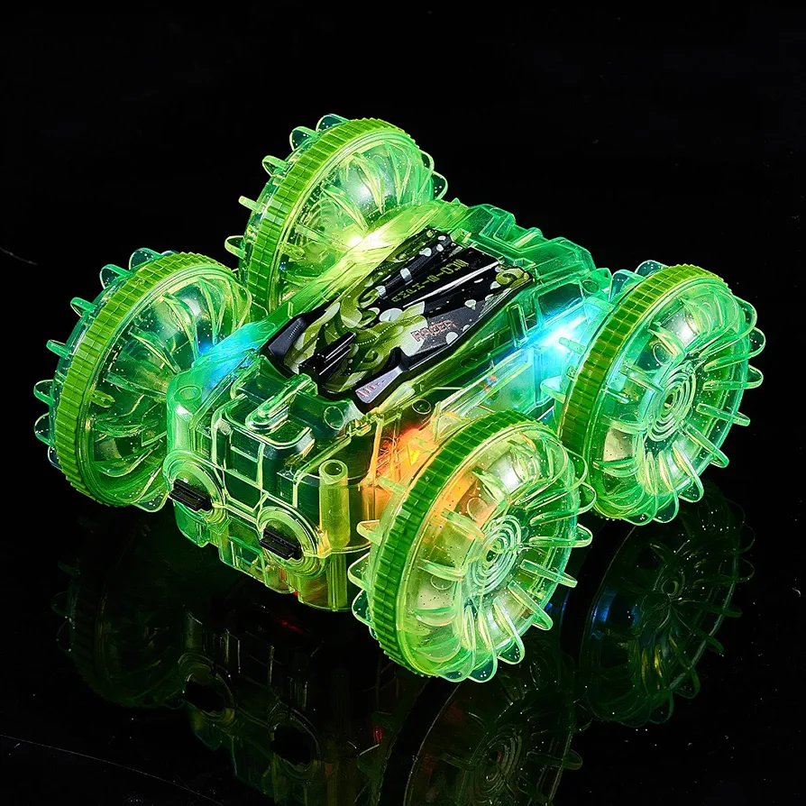 Amphibious Remote Control Car for Boys Age 4-7 8-12 RC Boat for Kids 4-8 with LED Lights Waterproof 4WD Stunt Car Swimming Pool Outdoor Water Toy with 70/36Mins Play, 360°Rotation, 180°Flip, Green