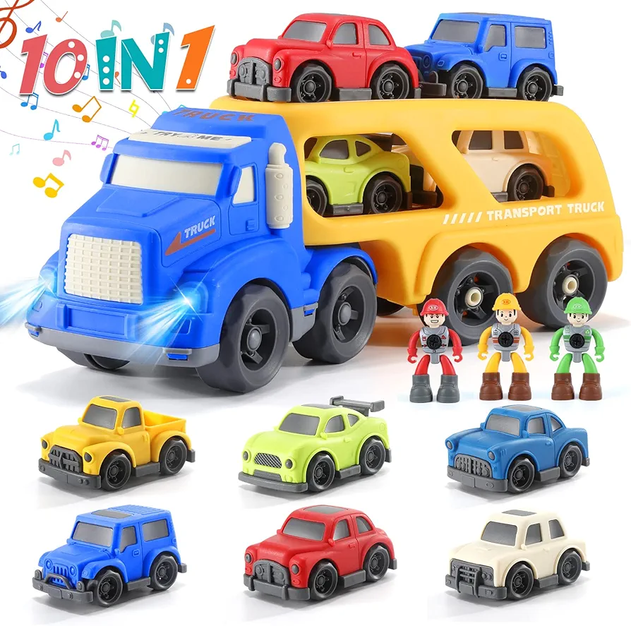 10 in 1 Transport Carrier Truck Toys Set,Toys for 18 Months + Boys and Girls,Friction Powered Car Toys with Sound and Light,Kids Play Vehicle Toys,Chirstmas Gifts for Boys Girls