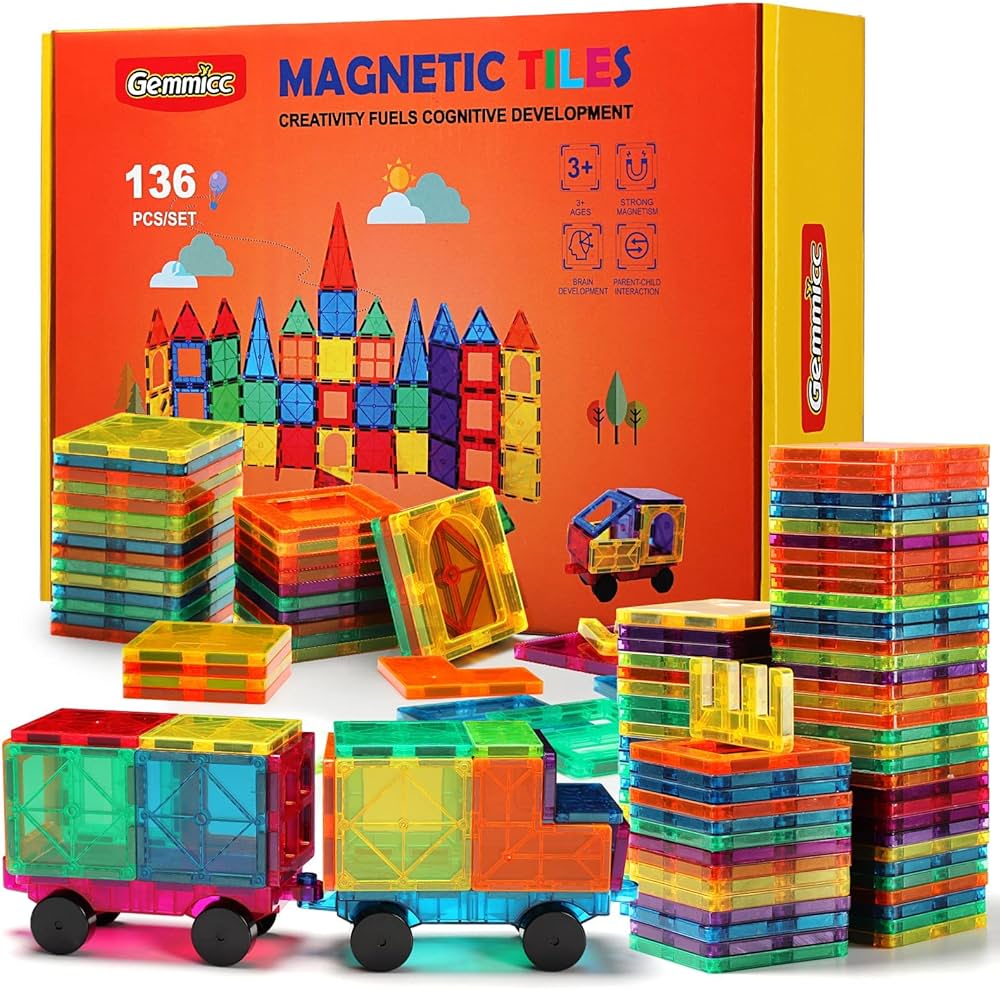 Gemmicc Magnetic Tiles, Deluxe 136 PCS Building Blocks Magnet Toys for Kids,3D Magnet Puzzles Stacking Blocks for Boys Girls,Huge Set with 2 Cars