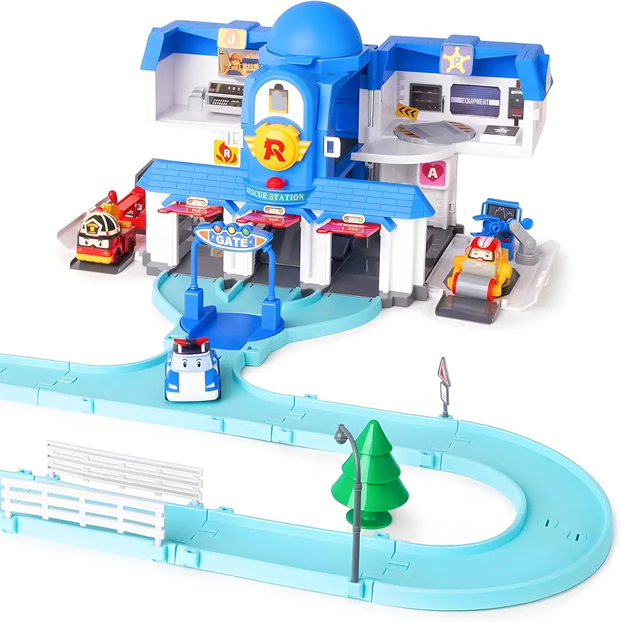 Robocar Poli Toys Exclusive, Transforming Headquarter Station Playset, Rescue Center Race Track Set for Diecast Cars Toy, Emergency Firetruck Station Rescue Toys Gift for Kid Boy Girl Age 1 2 3 4 5