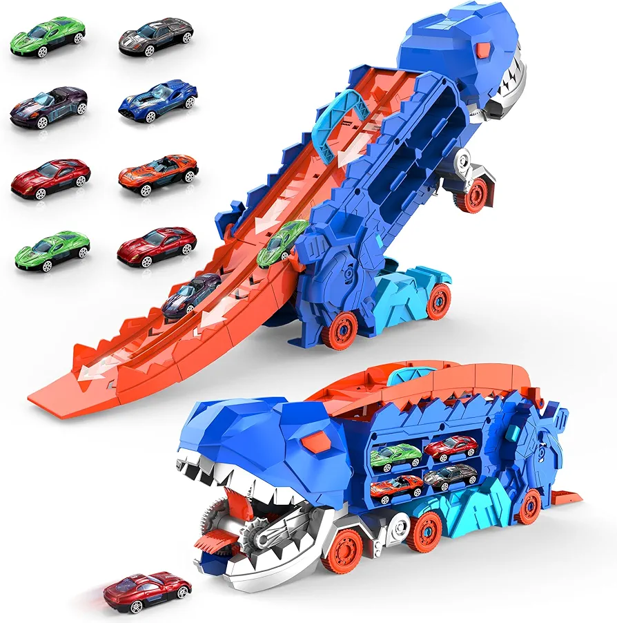 City Toy Car Dinosaur Ultimate Hauler Truck,Transforms into Standing T-rex Transporter with Race Track,Dinosaur Hauler with 8 Vehicles Toddler Toys Gifts for Kids Ages 3 4 5 6 7 8 Years Old (Blue)