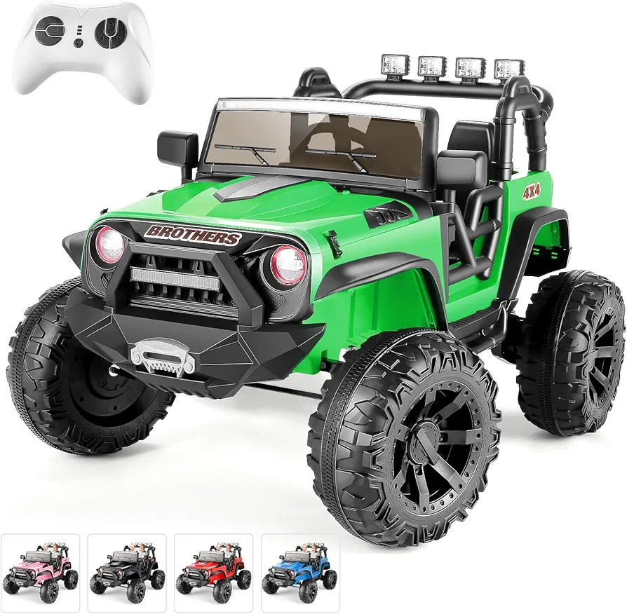 Hikole 24 Volt Ride On Toys for Boys Gilrs, XL 2 Seater 4x4 Electric Jeep Car for Kids ages 4-8 with Remote Control, Spring Suspension, Music, 3 Speed, 2x200W, Green