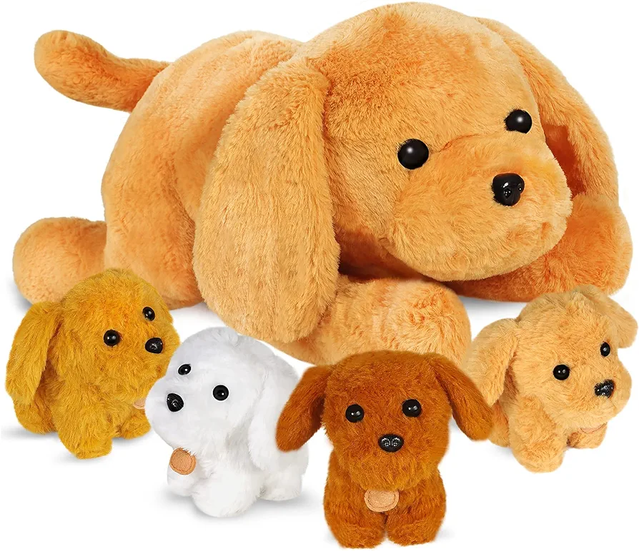 KMUYSL Puppy Stuffed Animals Toys for Ages 3 4 5 6 7 8+ Years Old Kids - Mommy Dog with 4 Baby Puppies in Her Tummy, Idea Xmas Birthday Gifts for Baby, Toddler, Girls, Boys