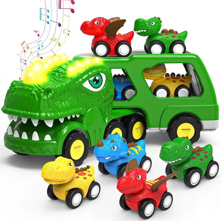 Toddler Car Toys for 1 2 3 4 5 Year Old Boy, 5-in-1 Dinosaur Vehicle Trucks Toys for Toddlers 1-3 with Sounds & Lights Toys for Boys 4-7 Toys for Age 2-4 Dinosaur Toys for Kids 3-5