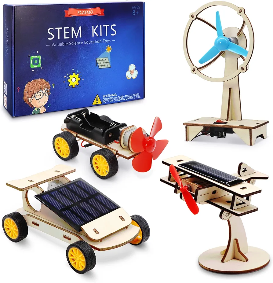 STEM 4 Set Solar Motor Kit,Wooden Model Science Experiment Projects for Kids Age 8-10-12-14,STEM Toys Classroom Activities Build 3D Puzzles for Boys Girls,DIY Steam 9 11 13 Year Old Boy Teen Gifts