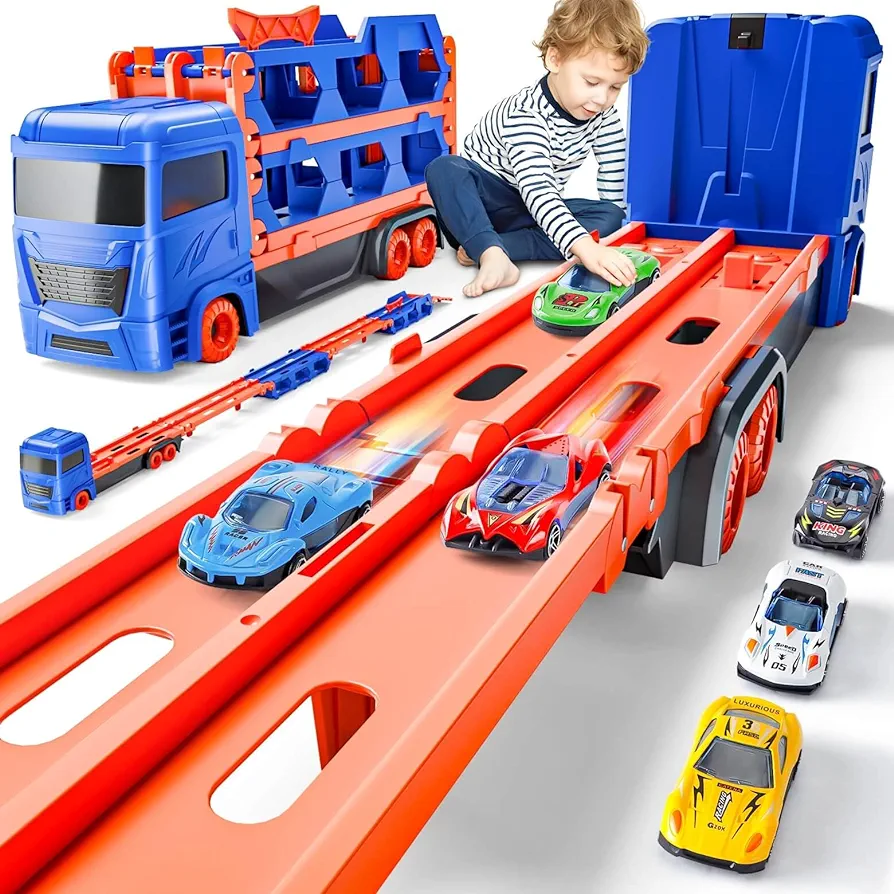 Race Track Truck Toys for 2-4 Year Old Boys Birthday Gifts: 65 Inch Folded Transport Carrier Trucks for Kids Age 3-5, Racing Cars Christmas Toy Gifts for Toddlers