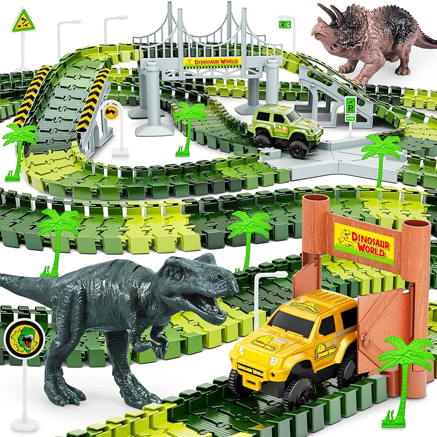 Dinosaur Tracks, 271 PCS Create A Dinosaur World Road Race for Kids Boys Toys Flexible Train Tracks Set with 2 Cool Race Cars and 2 Dinosaur Toys for Age 3 4 5 6 7 8 Year & Up Old Boy Girls Best Gift